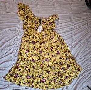NWT Banjara One Shoulder Ruffle Midi Dress Lemongrass (Yellow) Floral, Large